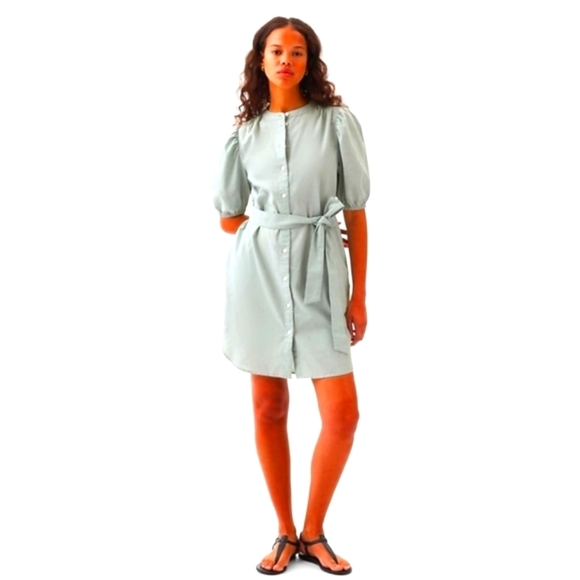 GAP Seafoam Green Linen-Cotton Mini Shirtdress Button Front Tie-Belt NWT MED - Picture 3 of 10